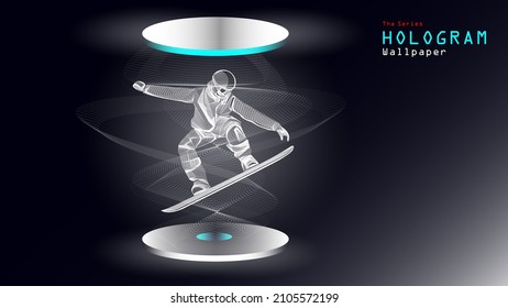 The series of hologram wallpaper. Action figure of a snow ski athlete on light projection.