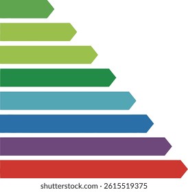 A series of horizontal arrow bars stacked vertically in green, teal, blue, purple, and red shades, representing progression or ranking in a clean flat vector style.
