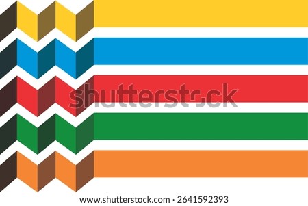 a series of horizontal, multicolored chevron patterns on the left, transitioning into straight bars on the right. creating a dynamic visual