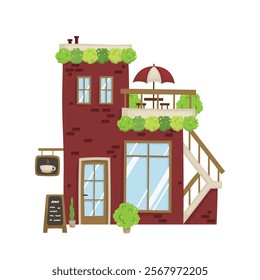 Series of houses, shops, cafes, and other buildings picturing small town landscape in vector drawing illustration