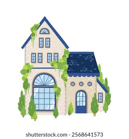 Series of houses, shops, cafes, and other buildings picturing small town landscape in vector drawing illustration