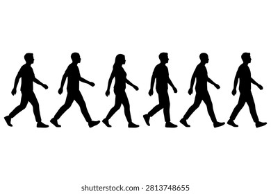 Series of human silhouettes walking with varied leg positions on transparent background