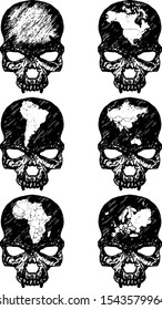 A series of human skull with world continent marking on its forehead. Hand drawn vector illustration.