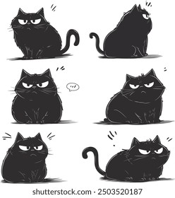 A series of humorous illustrations featuring a grumpy black cat in various poses and expressions.