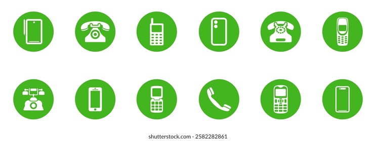 series of icons depicting the evolution of telephones from rotary phones to smartphones.