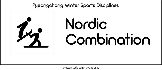 Series of icons, depicting Nordic Combination discipline in winter sports competition held as international games in South Korean city of Pyeonchang