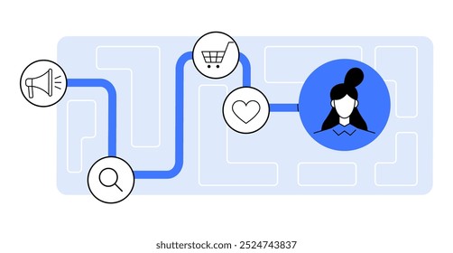 A series of icons display the customer journey, with a focus on marketing, shopping, and engagement. Ideal for marketing strategy, customer journey, online shopping, user engagement, and business