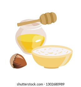 Series of icons for the Easter theme. Dietary food. Food for Lent time. Transparent jar with honey. A bowl of oatmeal. Hazelnut. Wooden stick for honey. Isolated vector illustration