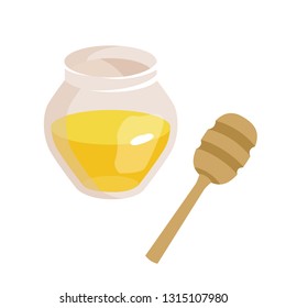 Series of icons for the Easter theme. Dietary food. Food for Lent time. Transparent jar with honey. Wooden stick for honey. Isolated vector illustration