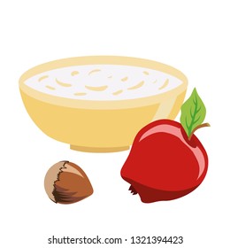 Series of icons for the Easter theme. Dietary food. Food for Lent time. A bowl of oatmeal. Hazelnut and apple. Isolated vector illustration