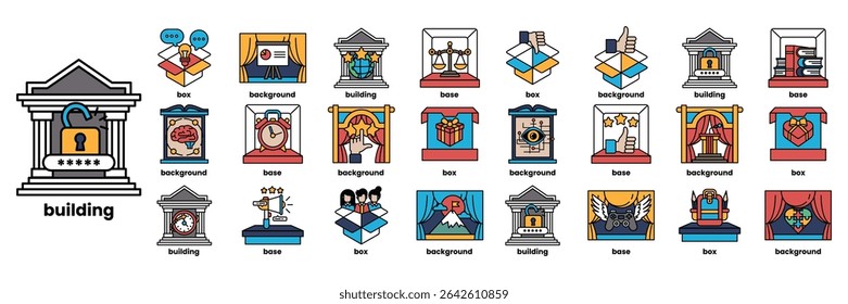 A series of icons with a key on the left and a building on the right. The icons are of various shapes and sizes, including a heart, a building, a person, and a bird