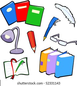 Series of icons of objects for reading and writing, vector