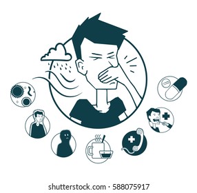 A series of icons on the topic and its treatment prostydy. Icon on medical subjects. Illustration of a funny cartoon style