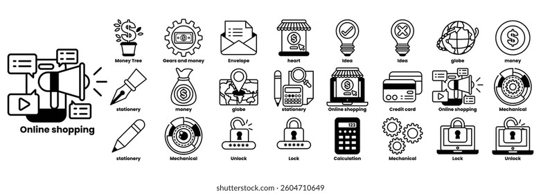 A series of icons for online shopping. The icons include a shopping cart, a laptop, a credit card, a calculator, a keyboard, a mouse, a computer monitor, a cell phone, a wallet, a book, a pen