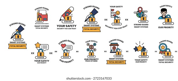 A series of icons for security, including a key, a lock, and a star. The icons are arranged in a grid, with some overlapping and others standing alone. Scene is one of caution and vigilance