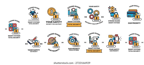 Una serie de iconos para la seguridad y la protección. Los iconos incluyen una llave, una cerradura, un diamante, una cartera, un teléfono celular, una computadora, un automóvil, un camión, una bicicleta, un libro, un reloj, un reloj