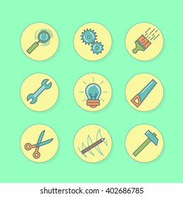Series of icons with tools for repair. Signs in flat style. Symbols in line art. Set of icons in  round plates. Magnifying glass, light, hammer, gear, saw, pencil, scissors, wrench, brush with paint