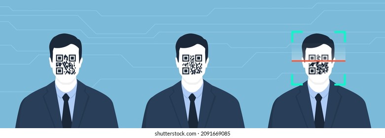 Series of identical businessmen with QR code on their face: digital identity and standardization concept