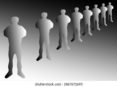 A series of illuminated silhouettes of men for the title page of a presentation, brochure, document, or report. The illustration on the cover.
