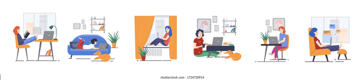 A series of illustrations about working from home in a cozy environment with your pet. Girl working on a laptop in a home office.