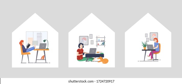 A series of illustrations about working from home in a cozy environment with your pet. Girl working on a laptop in a home office.