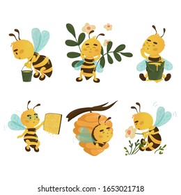 series of illustrations. cute bees. funny story. six pictures on a white background.
