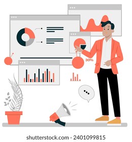 A series of illustrations with diagrams, presentation on a tablet. the illustration is a circular shape divided into segments, each representing a specific category or share. allows you to clearly sho