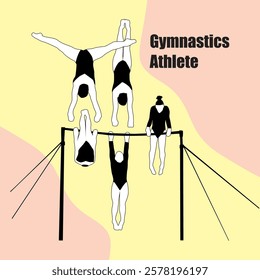 A series of illustrations with girl gymnasts performing exercises on a balance beam.