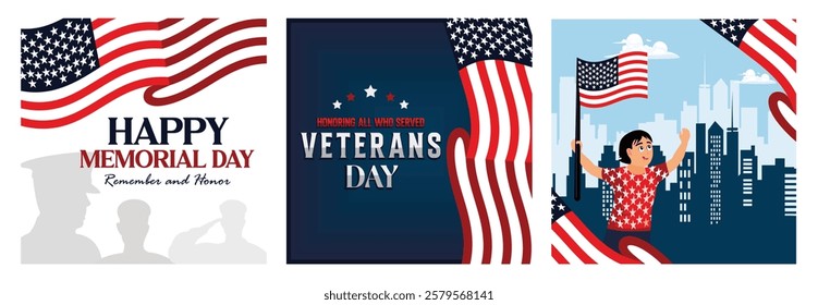 A series of illustrations honoring Memorial Day and Veterans Day with themes of patriotism. Featuring American flags, a silhouetted soldier, and celebratory artwork against a city skyline.