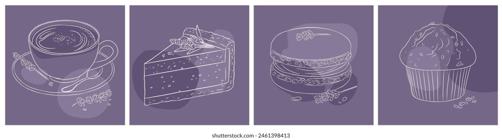 Series of illustrations with lavender food and beverages in monochrome purple color. It includes a cup of coffee, a slice of cake, a macaron, and a muffin, all adorned with subtle lavender flower