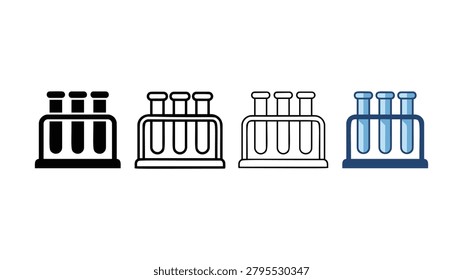 A series of illustrations representing laboratory test tubes in a rack showcasing different stylistic representations from solid fill to outline and colored liquidfilled designs