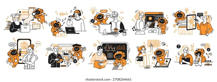 Serie de ilustraciones que muestran a humanos y robots interactuando creativamente. Incluye codificación, música, pintura y escenas de laboratorio. Esquema de color naranja y negro.