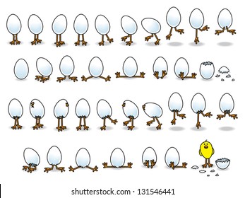 Series of illustrations showing Easter Chicks Legs Hatching from White Eggs in various poses on Isolated Background