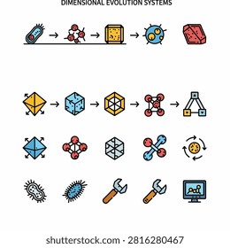 Series of illustrations showing mechanical creatures evolving from simple to complex forms