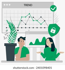 A series of illustrations that represent various diagrams that professionals show to help visualize information to improve understanding for users. Line chart, Bar chart, Scatter chart. Diagrams for a