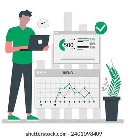 A series of illustrations that represent various diagrams that professionals show to help visualize information to improve understanding for users. Line chart, Bar chart, Scatter chart. Diagrams for a