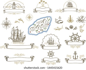 A series of illustratios with nautical theme symbols and emblems