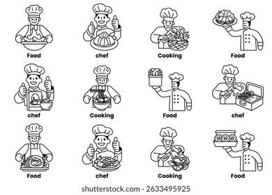 A series of images of chefs and food. The images are of chefs in various stages of preparing food, and the words "Food" and "Chef" are written below each image. The mood of the images is cheerful