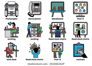 A series of images depicting various office scenes, including a printer, phone, computer, and desk