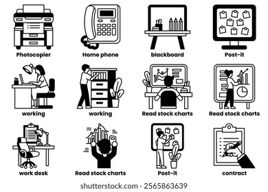 A series of images depicting various office scenes, including a person working at a desk with a computer, a person reading stock charts, and a person using a Post-it board