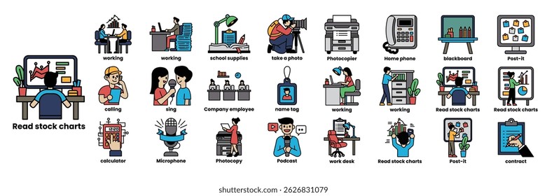 A series of images depicting various office scenes, including people talking on phones, working at desks, and using computers. The images are arranged in a row