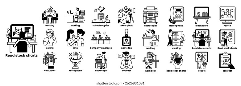 A series of images depicting various office scenes, including people talking on phones, working at desks, and using computers. The images are arranged in a row in line drawing style