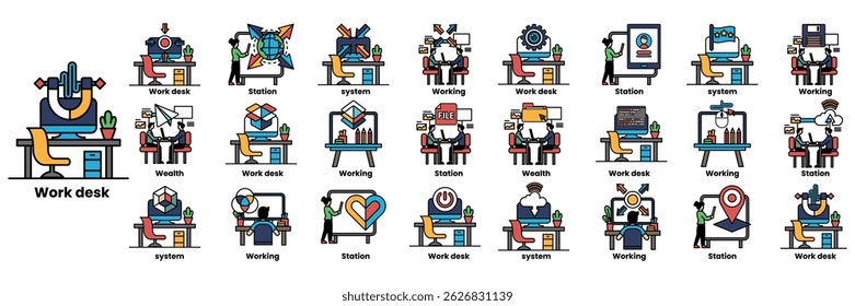 Uma série de imagens representando vários ambientes de trabalho. As imagens incluem pessoas trabalhando em mesas, usando laptops e interagindo entre si. O humor das imagens é profissional e focado
