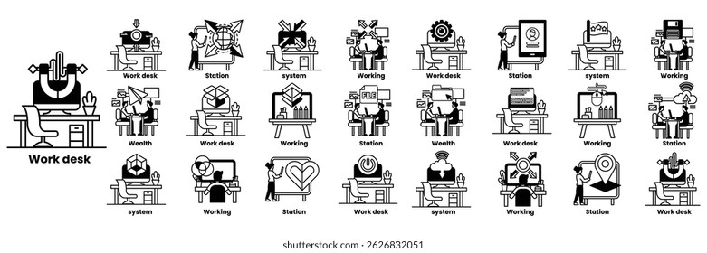 A series of images depicting various work environments. The images include people working at desks
