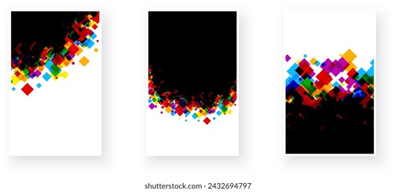 A series of images featuring a cascade of multicolored pixels, creating a lively and dynamic digital artwork. Vector illustration