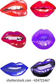 A series of images of female lips with lipstick of different colors. Vector illustration