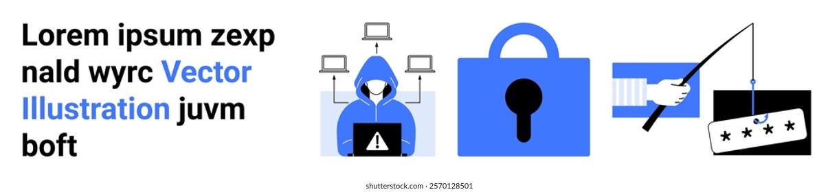 Series of images including a hacker, padlock, and phishing scam icon. Ideal for cybersecurity awareness, online safety, data protection, anti-phishing campaigns, information security. Banner