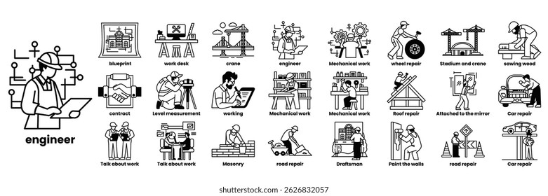A series of images of people in various work settings, including construction, repair, and maintenance.