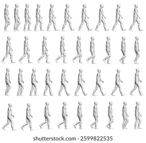 A series of images of people walking in a line. The images are in black and white and are in a row. Polygonal people. Side view. 3D