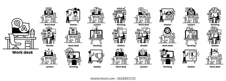 A series of images of people working at a desk. The images are titled with words like Work, Work Desk, Workstation, and Workstation in line drawing style